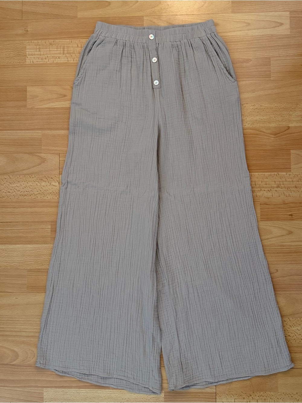 Carly Jean Light Taupe Beige  Wide-Leg Cotton Gauze Beachy Coastal Summer Pants